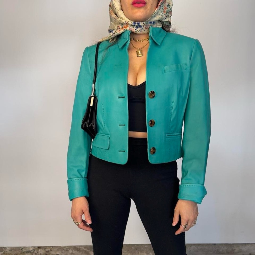 Vintage 90s  teal blue leather jacket, button up closure. Women’s size M